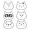 Cute black contour cat head set. Funny cartoon characters. White background. Isolated. Flat design.