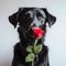 Cute black dog with a red rose on a gray background