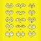 Cute black emoticons faces with geometrical eyeglasses icons set on yellow background