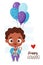 Cute black ethnic boy with gift, caramel and balloons and inscription happy holiday. Vector illustration guy in cartoon