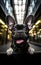 Cute black french bulldog standing with open tongue in urban environment