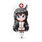 A cute black-haired nurse in a white medical gown with red stripes and a white hat with a red emblem of the cross smiles kindly.