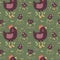 Cute black hens with baby chickens vector seamless pattern