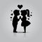 Cute black icon of kissing couple of children. Boy and girl stand Holding hands before kiss. First Love, First kiss