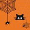 Cute black kitten afraid of a spider. Cartoon style and paper cut style.Happy Halloween postcard on orange background.