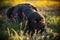 Cute black mutt dog on spring meadow.