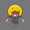 Cute black ninja with red headband jumping with moon background