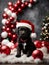 Cute black puppy wearing Santa Claus red hat near the Christmas tree. Generative AI