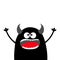 Cute black silhouette monster face. Happy Halloween. Cartoon colorful scary funny character. Eyes, tongue, horns, holding hands up
