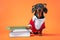 Cute black and tan dachshund dressed in red and white official costume and glasses, sitting close to the pile of books. Learning,