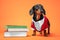 Cute black and tan dachshund dressed in red and white official costume teachers, stand close to the pile of books on an orange