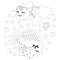 Cute black and white baby illustration of two cheerful smiling floating fish, bubbles and starfish. Outline isolated cartoon magic