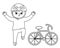 Cute black and white boy in helmet jumping with joy with hands up. Happy kid with bicycle. Vector summer camp outline illustration