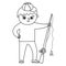 Cute black and white boy standing with rod. Happy kid ready for fishing. Vector summer camp illustration. Outline camping