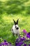 cute black and white bunny on green grass near purple