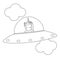 Cute black and white cartoon vector ufo with unicorn in the sky illustration for coloring art