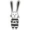 Cute black and white hare kid in a striped jumpsuit. Hand-drawn little rabbit for children`s coloring, nursery, postcard, decorati