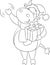 Cute black and white illustration of a cow, waving, dressed for Christmas, holding a gift, for children`s coloring book