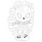 A cute black and white little hedgehog wearing scarf and sweater is skating on ice. Isolated outline toddler winter illustration.