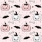 Cute black, white and pink halloween seamless vector pattern background illustration with pumpkins, bats, bones and stars