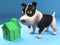 Cute black and white puppy plays with a small green house, 3d illustration