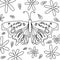 Cute black and white vector art design with butterfly insect, daisy flowers and leaves hand drawn illustration for coloring book