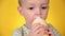 Cute blond boy eats while enjoying cold ice cream in waffle cup, on yellow studio background. Close-up face portrait.