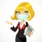 Cute blond business woman in face mask explains something or gives a presentation