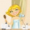 Cute blond girl dries her hair hairdryer in the bathroom