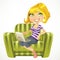 Cute blond girl with a laptop in a green chair