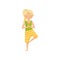 Cute blond girl meditating, standing on one leg. Young woman doing yoga exercise. Flat vector illustration