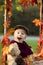 Cute blond toddler child, standing next to autumn wooden stand with decoration, apples, leaves, mug, hedgehock in the park