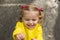 Cute blonde baby girl toddler wearing yellow stylish raincoat closeup. childhood.