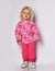 Cute blonde baby kid girl in pink warm fleece clothing with heart print pattern telling a poem talking