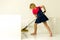 Cute Blonde Barefoot Girl Mopping the Floor with Mop, Rare View