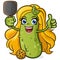 Cute blonde girl pickle cartoon character playing pickleball