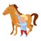 Cute blonde hair boy give fresh red carrot to horse