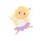 Cute Blonde Little Winged Fairy, Beautiful Flying Girl Character in Fairy Costume with Magic Wand Vector Illustration