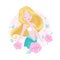 Cute blonde Mermaid. Beautiful mermaid with pink flowers, shells and leaves. Illustration for t shirts and fabrics or kids fashion