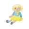 Cute blonde soft doll in a dress, sewing toy cartoon vector Illustration