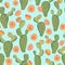 Cute blooming cactus flowers seamless vector floral pattern background. Surface pattern design for fabric, wallpaper