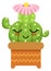 Cute blooming cactus with kawaii face. Happy succulent pot