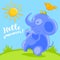Cute blue baby elephant and the pretty bird in cartoon style happy summer on the green lawn.