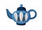 Cute blue ceramic teapot. Painted tea kettle isolated on white background. Hand drawn kitchen crockery. Teakettle in