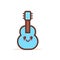 Cute blue classic wooden guitar cartoon comic character with smiling face happy emoji kawaii style acoustic musical