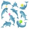 Cute blue dolphins set, dolphin jumping and performings tricks with ball for entertainment show vector Illustration on a