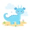 Cute blue dragon with a dragonfly, flower, clouds. Funny dino character in hand drawn cartoon style.
