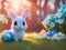 Cute Blue Easter Bunny With Easter Eggs In A Magical Forest - AI Generated Illustration