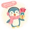 Cute blue happy penguin wear scarf and bring gift box, winter costume, happy warm wishes, idea for card and banner