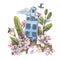 A cute, blue house with trees, a bridge, a lantern, a pigeon, clouds and apple blossoms. Watercolor illustration. Spring